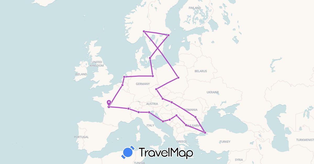 TravelMap itinerary: train in Austria, Bosnia and Herzegovina, Belgium, Bulgaria, Switzerland, Czech Republic, Germany, Denmark, France, Croatia, Hungary, Italy, Netherlands, Norway, Poland, Romania, Serbia, Sweden, Turkey (Asia, Europe)
